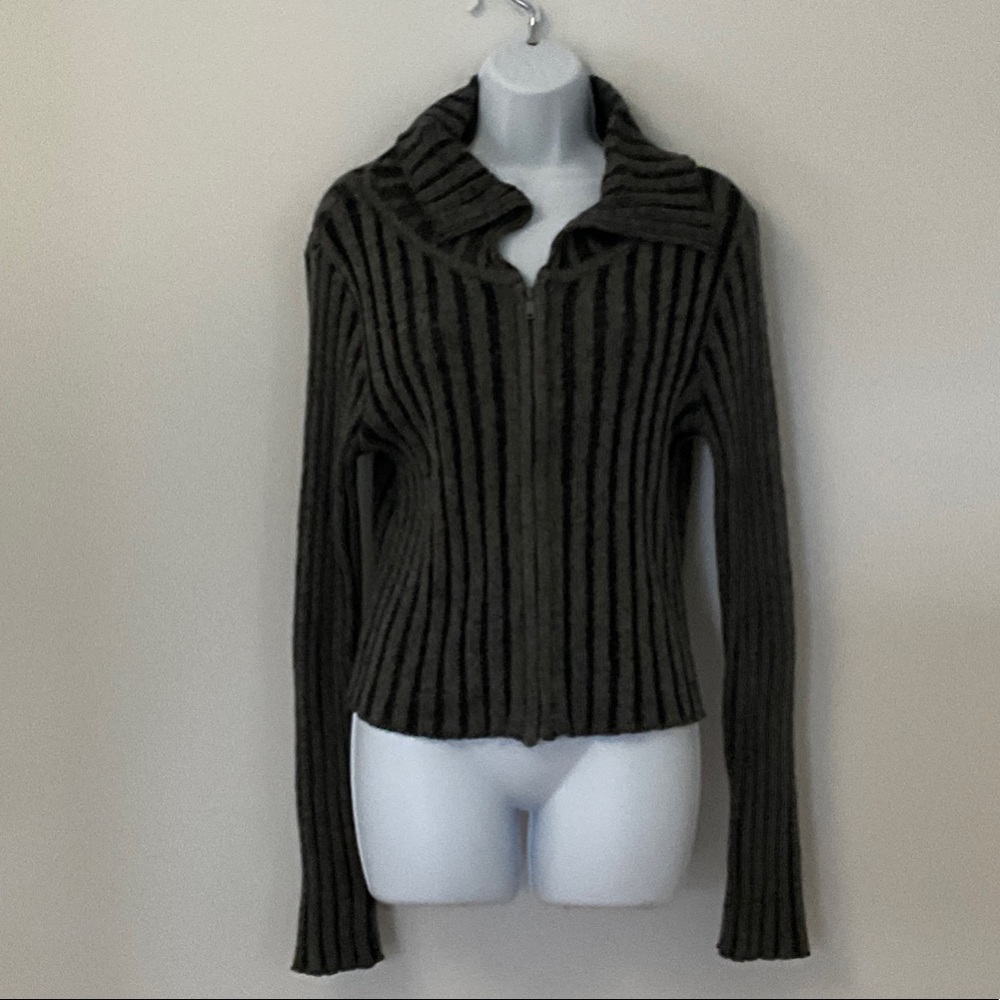 Noisy may Black and Green Striped Zip-Up Cardigan